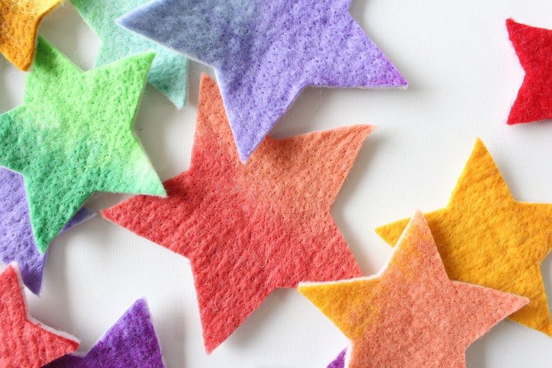 100% Wool Felt Stars, Small Batch Craft Felt, Gradient Rainbow toned Star Shapes in 3 sizes, Colorful Die Cut Natural Crafting Stars image 1