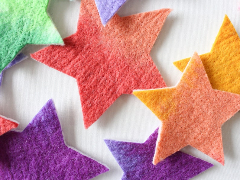 100% Wool Felt Stars, Small Batch Craft Felt, Gradient Rainbow toned Star Shapes in 3 sizes, Colorful Die Cut Natural Crafting Stars image 10