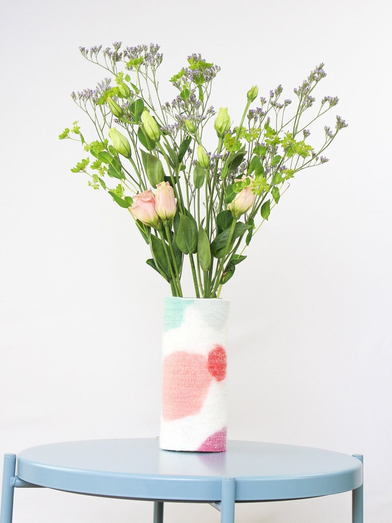 Tall 100% Wool Wrapped Glass Vase in Pink and Aqua Tones, Modern Abstract Vase, Felted Wool and Up-cycled Glass Decor Piece, Spring Vase image 1