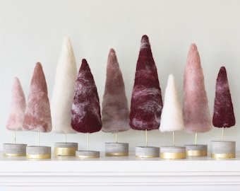 Felted Trees Frosty Pinks, Garnet, Gold, Wine, Pink, Winter Mantel, Christmas Glam, Bottle Brush Tree Style, Christmas Decor, Holiday