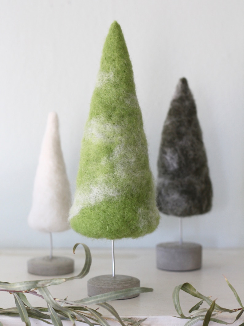 Felted Trees Seasonal Home Decor, Natural Green Tones with White 3 Trees