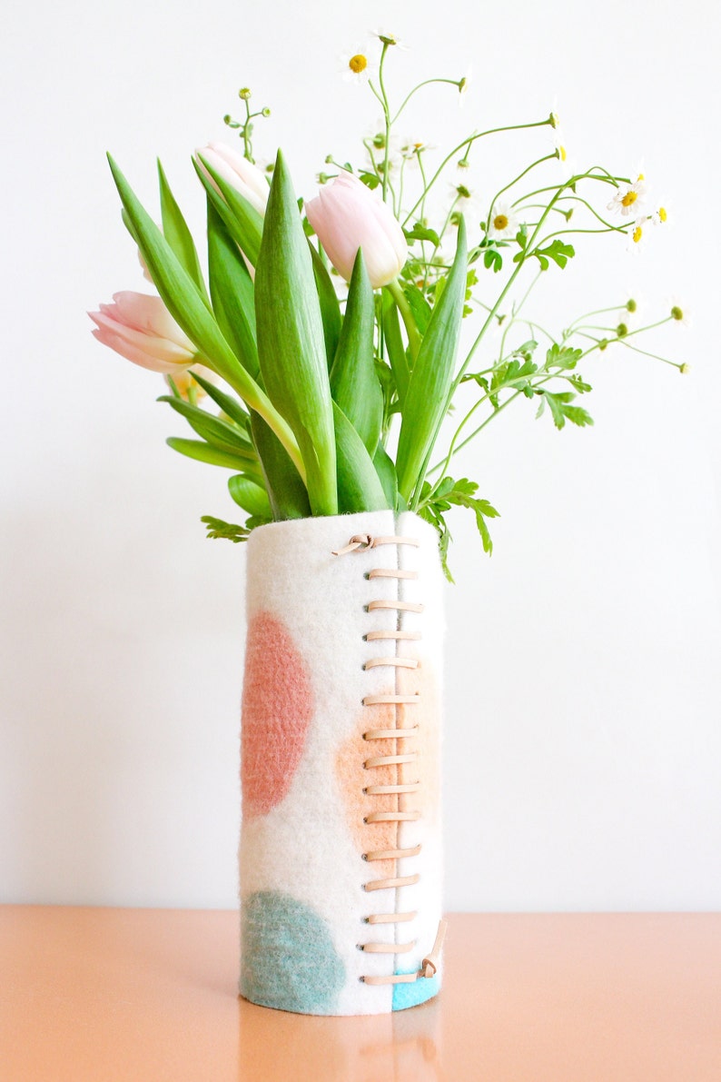 Tall 100% Wool Wrapped Glass Vase in Pink and Aqua Tones, Modern Abstract Vase, Felted Wool and Up-cycled Glass Decor Piece, Spring Vase image 7