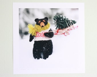 Felted Rudyard Bear winter snow nursery animal art print for a boy or girl--white, green, chartreuse yellow, red, black