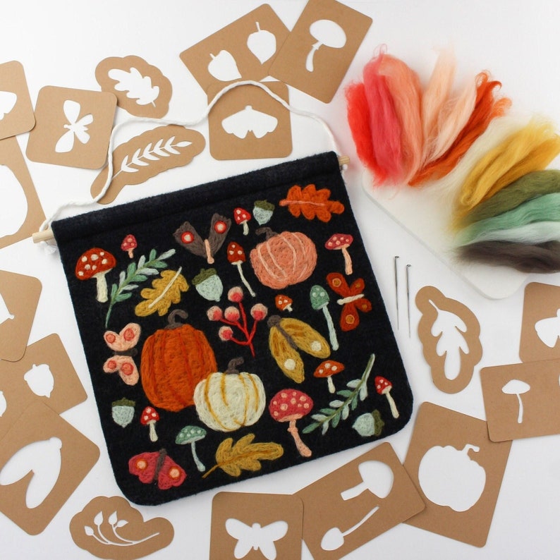 12x12 inch Fall Decor Felting Kit, Black Wool Felt with Vibrant Autumn Foliage, DIY Sign Craft, Felted Moths, Mushrooms, Pumpkins, & Leaves image 1