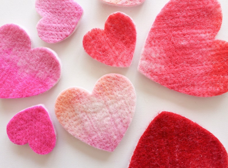 100% Wool Felt Hearts, Small Batch Valentine Craft Felt, Gradient Pink & Red toned Pre-Cut Heart Shapes in 3 sizes, Natural Crafting Hearts image 2