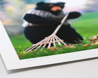 Nursery Decor, Felted Rudyard Bear fall leaves mouse nursery art print for boy or girl--green, orange, brown, pink