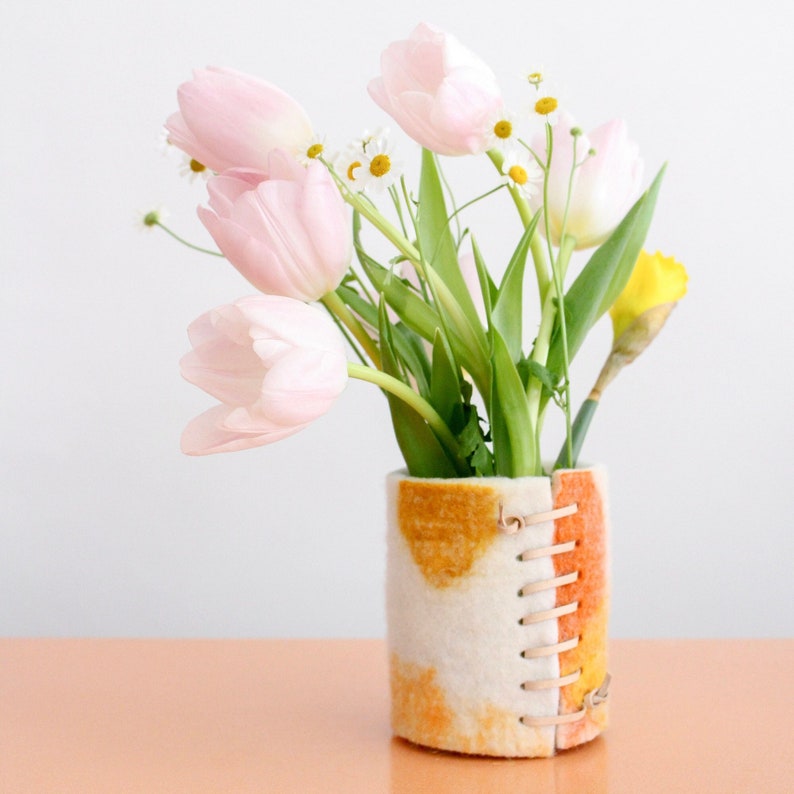 Small 100% Wool Wrapped Glass Vase in Orange Tones, Modern Abstract Bud Vase, Felted Wool & Up-cycled Glass Decor Piece, Spring Vase image 5