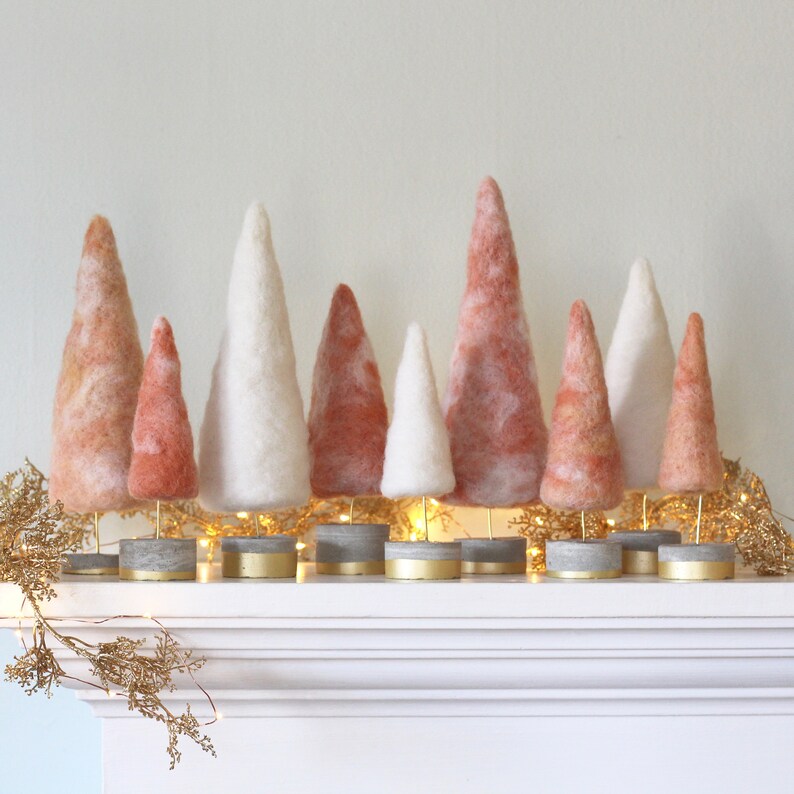 Felted Trees in Frosty Coral & White with Gold accents, Boho Christmas Style image 7