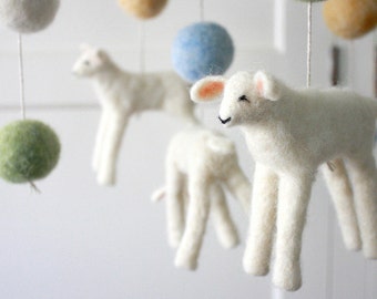 Crib Mobile, Baby Lambs with Extra Poms, Soft Felted Wool, Soft Colors, Yellow, Green, Blue and White accents