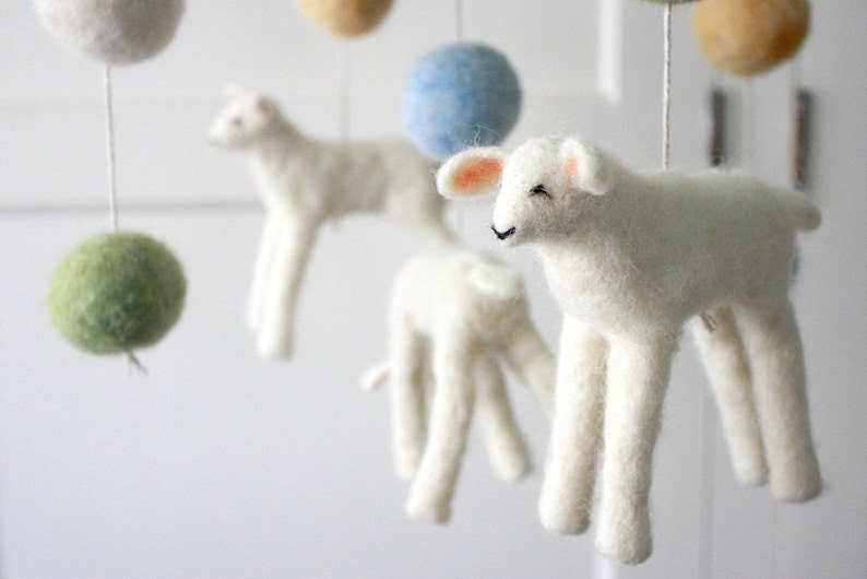Crib Mobile Baby Lambs With Extra Poms Soft Felted Wool Etsy