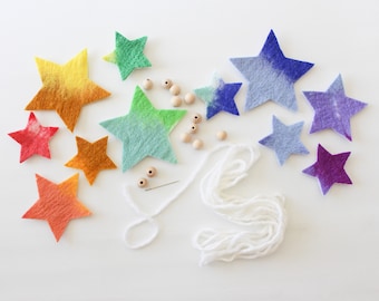 DIY Felt Rainbow Star Garland, Colorful Wool and Wood Bead Party Decor Kit, Natural Reusable Versatile Plastic free Birthday Decoration