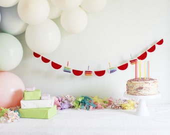 Felted Birthday Cake Garland with Red Scallop, Rainbow Birthday Party Decoration, Party Backdrop