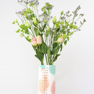 Tall 100% Wool Wrapped Glass Vase in Pink and Aqua Tones, Modern Abstract Vase, Felted Wool and Up-cycled Glass Decor Piece, Spring Vase image 2