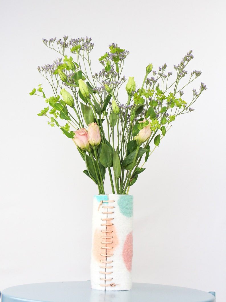Tall 100% Wool Wrapped Glass Vase in Pink and Aqua Tones, Modern Abstract Vase, Felted Wool and Up-cycled Glass Decor Piece, Spring Vase image 2