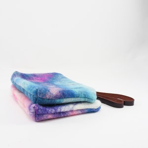 Wool Clutch, felted wool clutch, small purse, tie-dye effect, Leather wrist strap