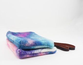 Wool Clutch, felted wool clutch, small purse, tie-dye effect, Leather wrist strap