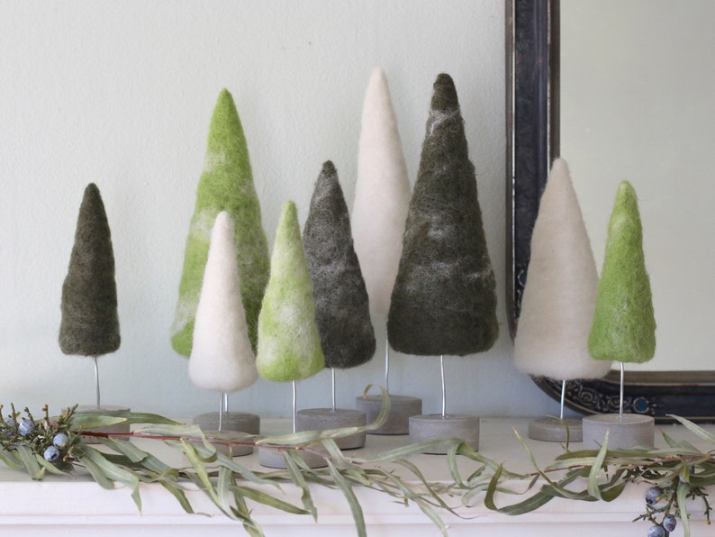 Felted Trees Seasonal Home Decor, Natural Green Tones with White image 6