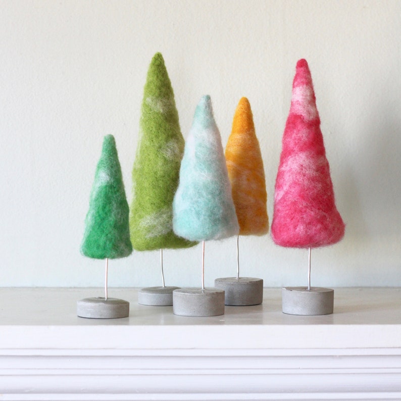 Felted Trees in Bright Vintage Colors, Bottle Brush Trees Style, Retro Christmas style 5 Trees