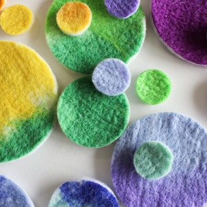 100% Wool Felt Circles, Small Batch Colorful Craft Felt, Bright Gradient Rainbow Dot Shapes in 4 sizes, Natural Pre-Cut Crafting Confetti