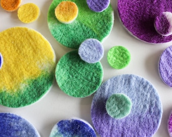 100% Wool Felt Circles, Small Batch Colorful Craft Felt, Bright Gradient Rainbow Dot Shapes in 4 sizes, Natural Pre-Cut Crafting Confetti