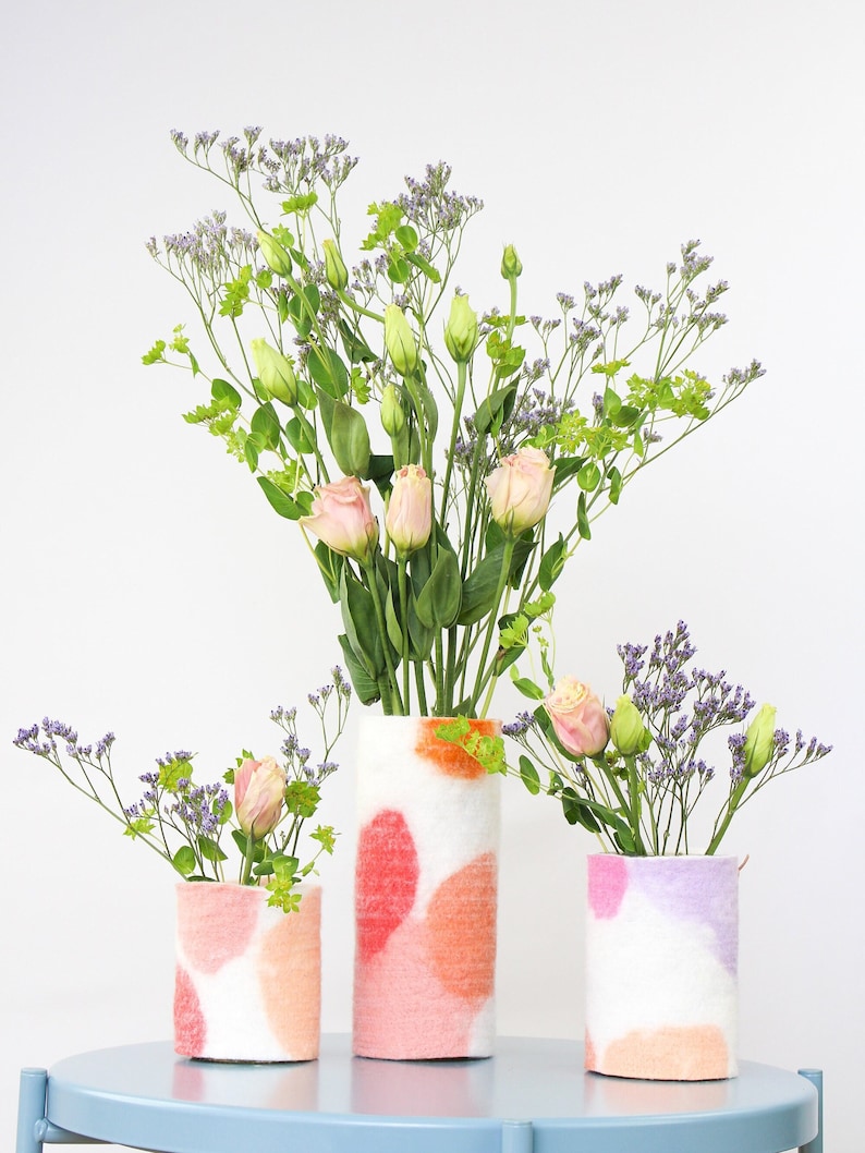 Set of Three 100% Wool Wrapped Glass Vases, Modern Abstract Design Pieces, Felted Wool and Up-cycled Glass Vessels, Pretty Spring Vases image 1