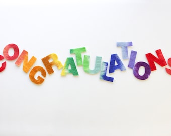 100% Wool Felt CONGRATULATIONS Letters, Small Batch Craft Felt, Grad Party, New Baby, Gradient Rainbow Congrats, Die Cut Felted Letters