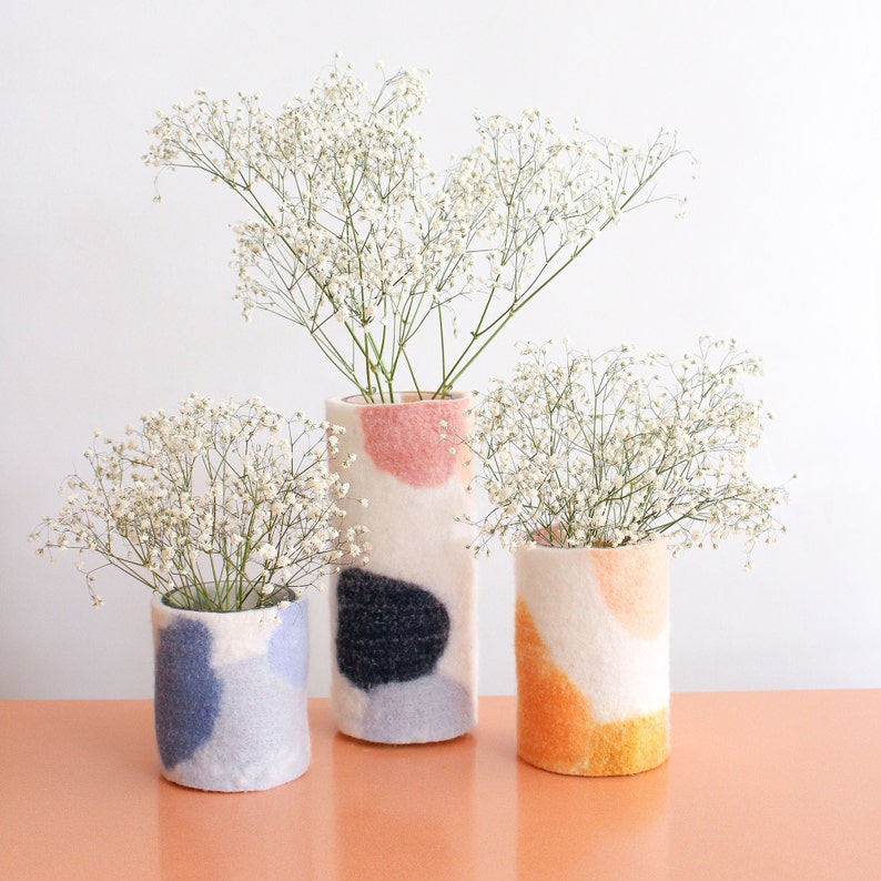 Set of Three 100% Wool Wrapped Glass Vases, Modern Abstract Design Pieces, Felted Wool and Up-cycled Glass Vessels, Pretty Spring Vases Pinks Blues Oranges