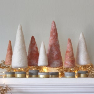 Felted Trees in Frosty Coral & White with Gold accents, Boho Christmas Style image 2