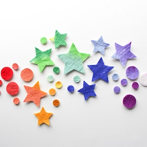 Wool Felt Stars and Circle Pack, Small Batch Craft Felt, Gradient Rainbow toned Shapes, Colorful Die Cut Natural Crafting Stars and Circles