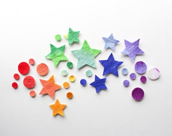 Wool Felt Stars and Circle Pack, Small Batch Craft Felt, Gradient Rainbow toned Shapes, Colorful Die Cut Natural Crafting Stars and Circles