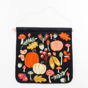 12x12 inch Fall Decor Felting Kit, Black Wool Felt with Vibrant Autumn Foliage, DIY Sign Craft, Felted Moths, Mushrooms, Pumpkins, & Leaves image 2