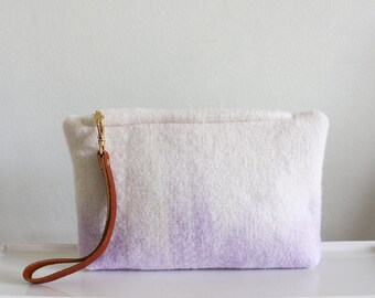 Wool Clutch, felted wool clutch, small purse, color fade design, Leather wrist strap