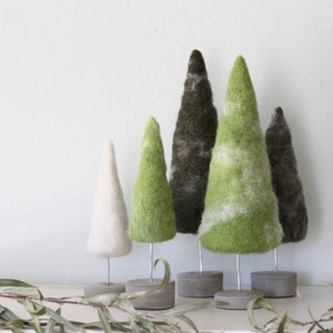 Felted Trees Seasonal Home Decor, Natural Green Tones with White 5 Trees