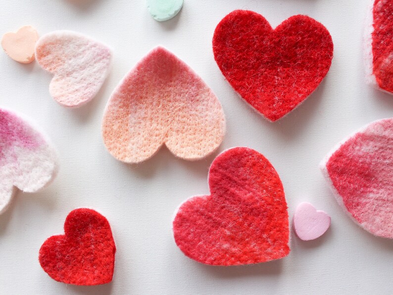 100% Wool Felt Hearts, Small Batch Valentine Craft Felt, Gradient Pink & Red toned Pre-Cut Heart Shapes in 3 sizes, Natural Crafting Hearts image 8