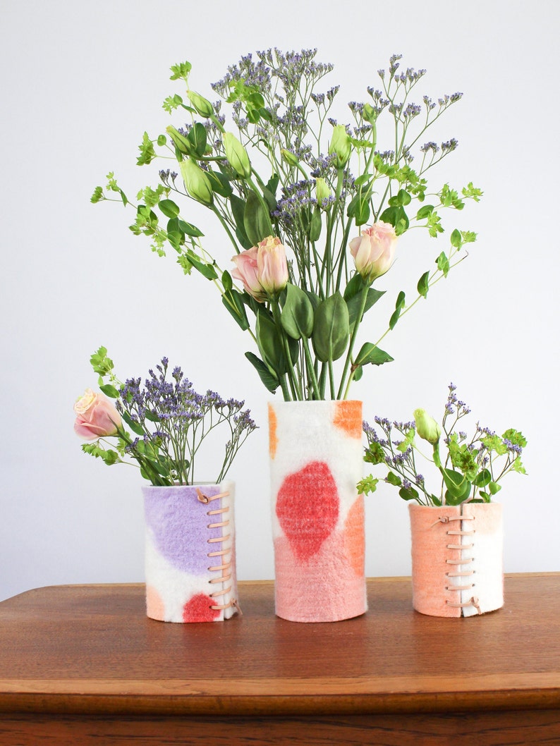 Set of Three 100% Wool Wrapped Glass Vases, Modern Abstract Design Pieces, Felted Wool and Up-cycled Glass Vessels, Pretty Spring Vases image 4