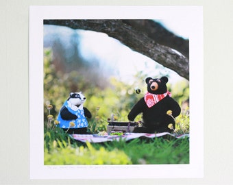 Animal art print, Felted Rudyard Bear summer picnic nursery art print for boy or girl--green, teal, red, black