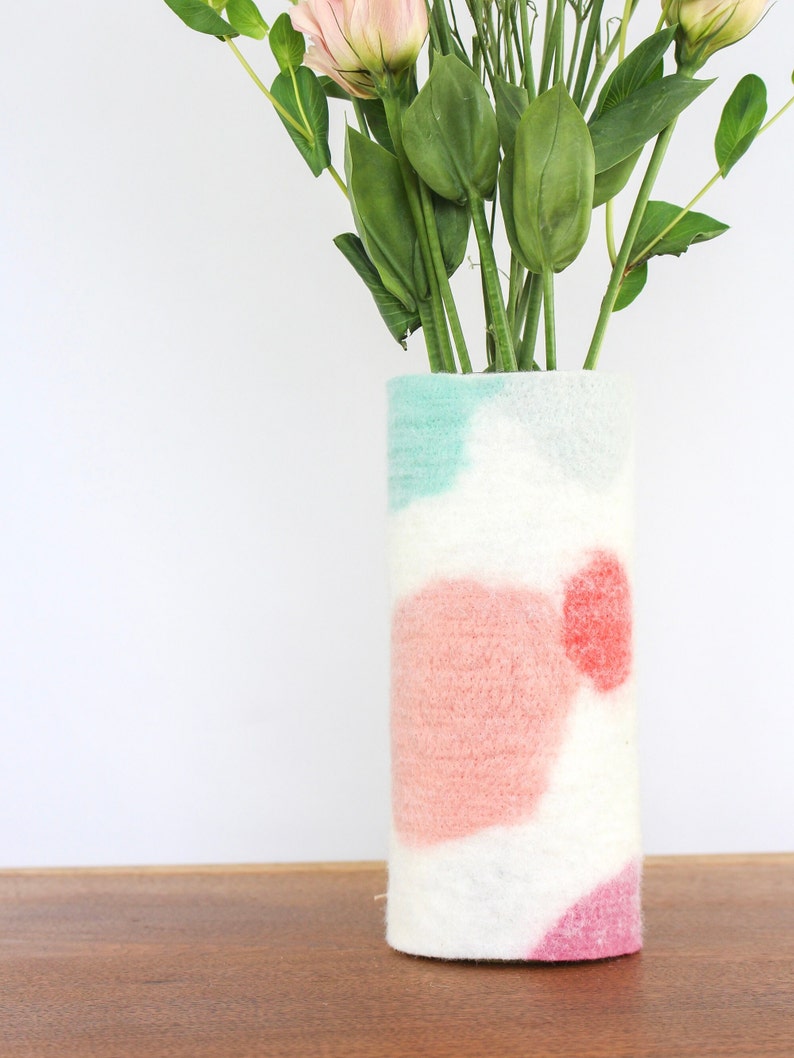 Tall 100% Wool Wrapped Glass Vase in Pink and Aqua Tones, Modern Abstract Vase, Felted Wool and Up-cycled Glass Decor Piece, Spring Vase image 6