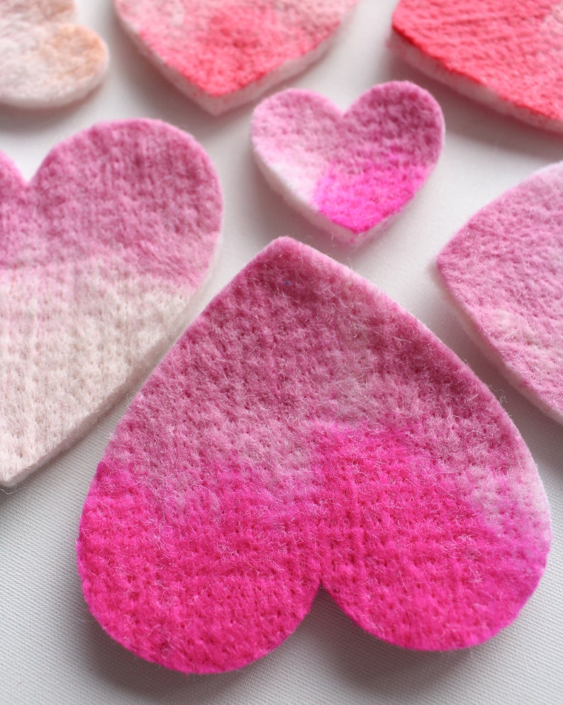 100% Wool Felt Hearts, Small Batch Valentine Craft Felt, Gradient Pink & Red toned Pre-Cut Heart Shapes in 3 sizes, Natural Crafting Hearts image 3