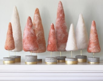 Felted Trees in Frosty Coral & White with Gold accents, Boho Christmas Style