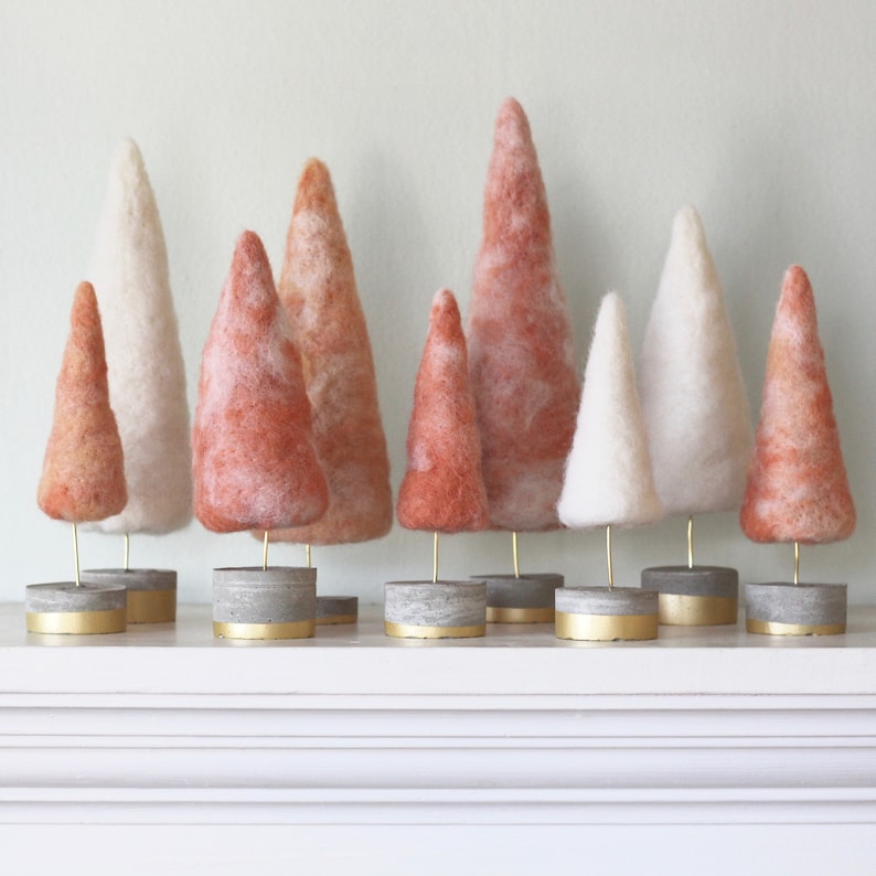 Felted Trees in Frosty Coral & White with Gold accents, Boho Christmas Style image 1