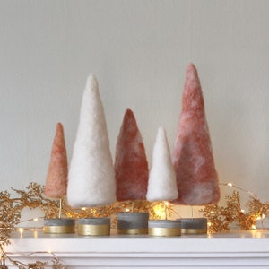 Felted Trees in Frosty Coral & White with Gold accents, Boho Christmas Style image 4