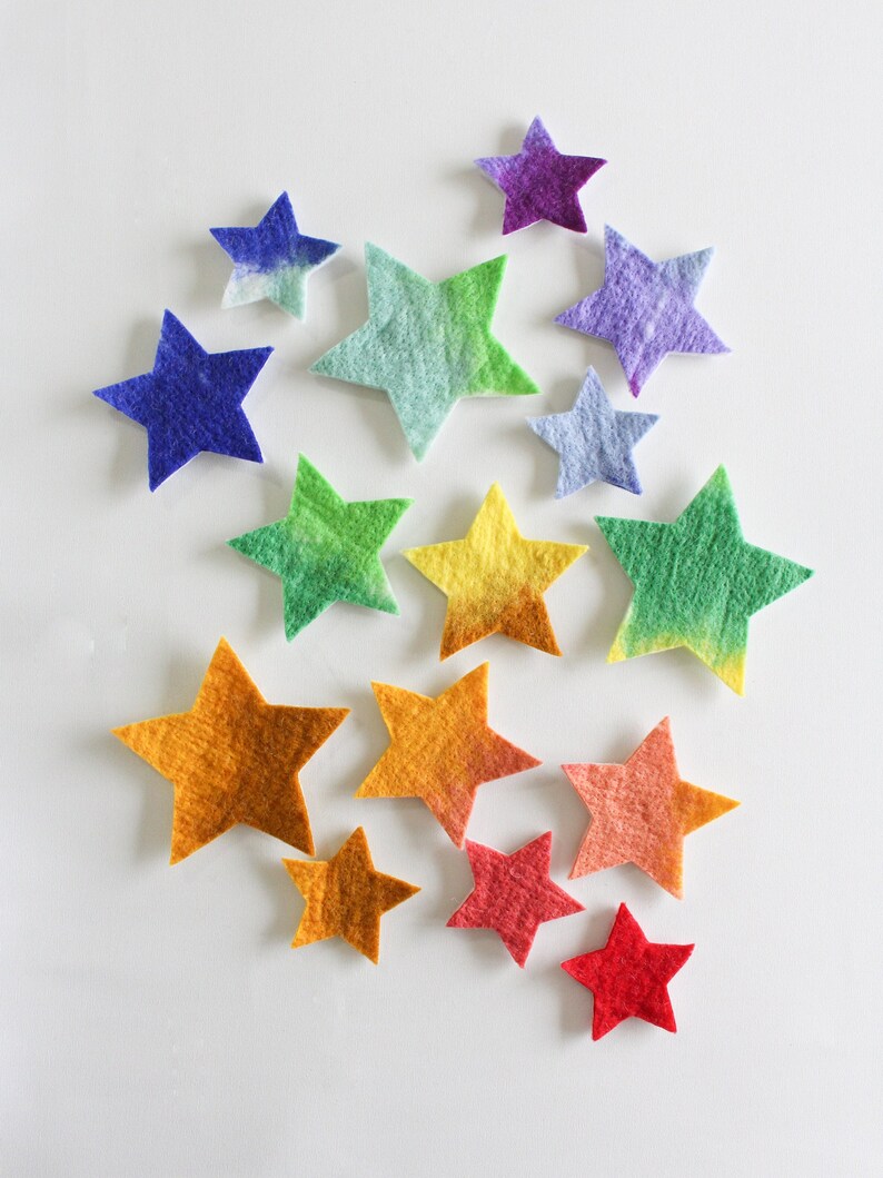 100% Wool Felt Stars, Small Batch Craft Felt, Gradient Rainbow toned Star Shapes in 3 sizes, Colorful Die Cut Natural Crafting Stars image 2