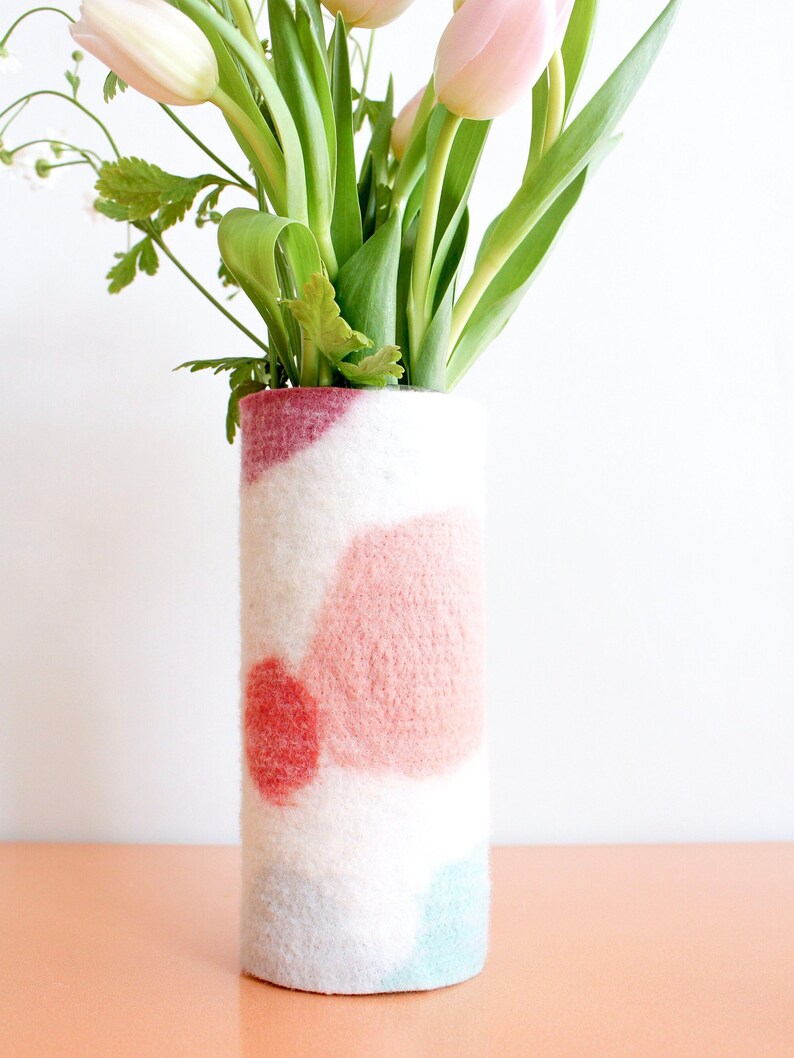 Tall 100% Wool Wrapped Glass Vase in Pink and Aqua Tones, Modern Abstract Vase, Felted Wool and Up-cycled Glass Decor Piece, Spring Vase image 8
