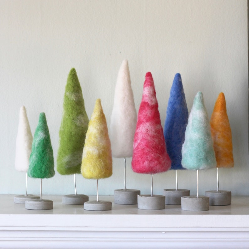 Felted Trees in Bright Vintage Colors, Bottle Brush Trees Style, Retro Christmas style 9 Trees