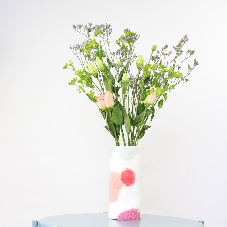 Tall 100% Wool Wrapped Glass Vase in Pink and Aqua Tones, Modern Abstract Vase, Felted Wool and Up-cycled Glass Decor Piece, Spring Vase image 3