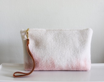 Wool Clutch, felted wool clutch, small purse, color fade design, Leather wrist strap