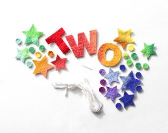 DIY Felt TWO Birthday Garland, Rainbow Wool Letters, Stars, Confetti, and Wood Bead Two Year Old Birthday Sign, 2nd Bday Party Decor Kit