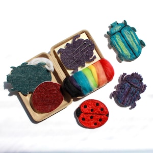 May include: A needle felting kit featuring a cardboard container holding a rainbow-colored wool roving bundle, a dark purple felt beetle shape with three needles, a dark green felt beetle shape, and a red felt circle. Includes loose felt beetles.