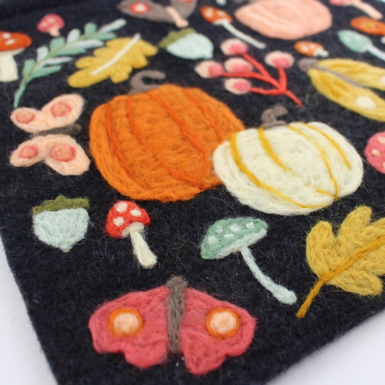 12x12 inch Fall Decor Felting Kit, Black Wool Felt with Vibrant Autumn Foliage, DIY Sign Craft, Felted Moths, Mushrooms, Pumpkins, & Leaves image 4