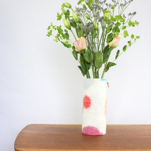 Tall 100% Wool Wrapped Glass Vase in Pink and Aqua Tones, Modern Abstract Vase, Felted Wool and Up-cycled Glass Decor Piece, Spring Vase image 9